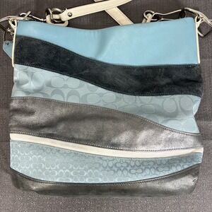 Coach Vintage Signature Wave Duffle Patchwork Hobo Bag Blue #10653 RARE